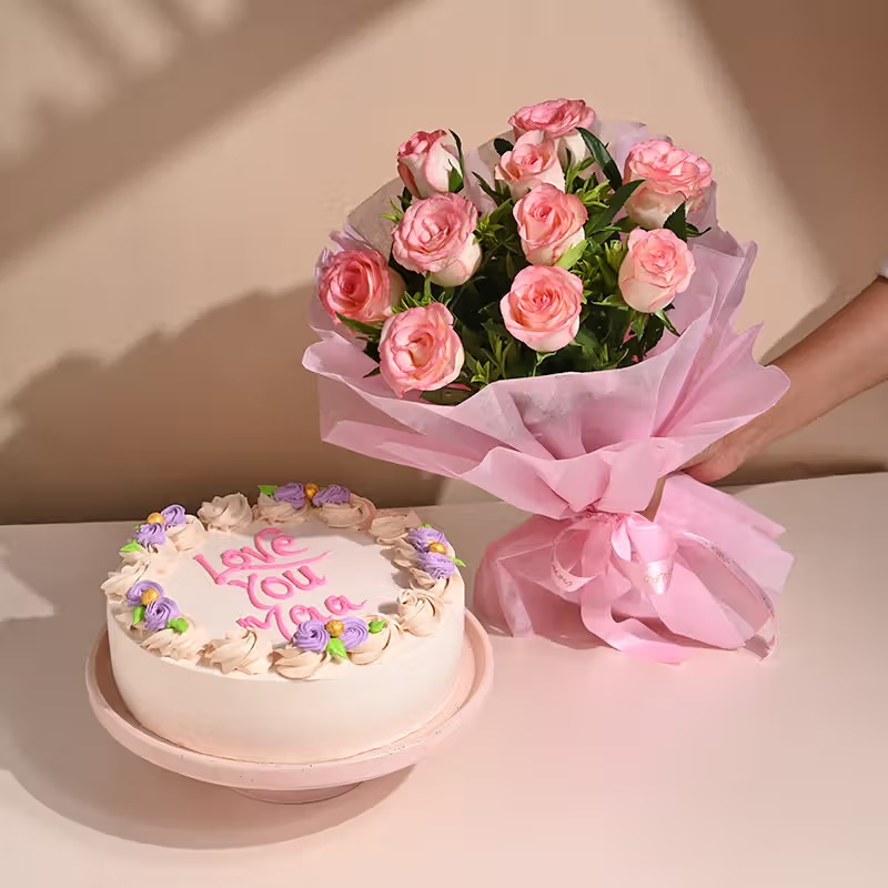 Vanilla Cake N Pink Rose Bunch